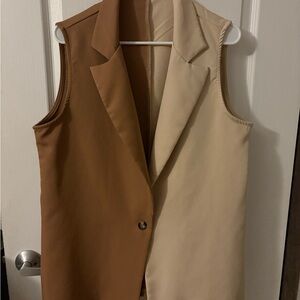 Two-Tone Brown and Tan Sleeveless Blazer